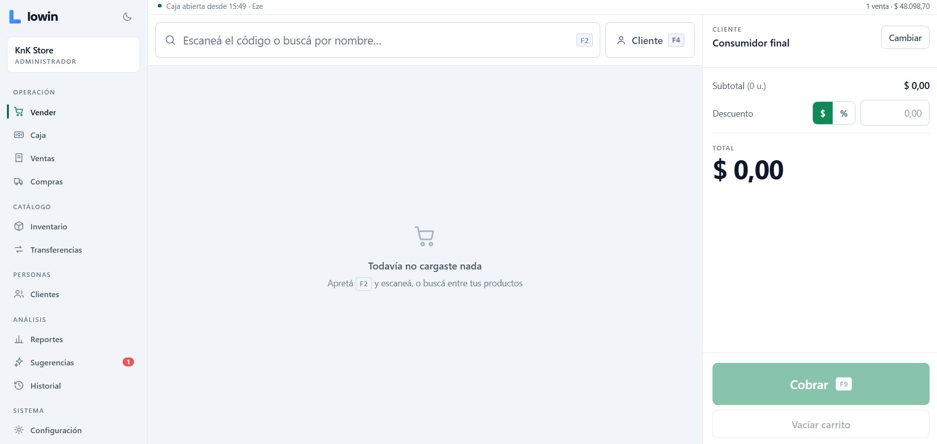 Captura de la pantalla de venta de Lowin ERP