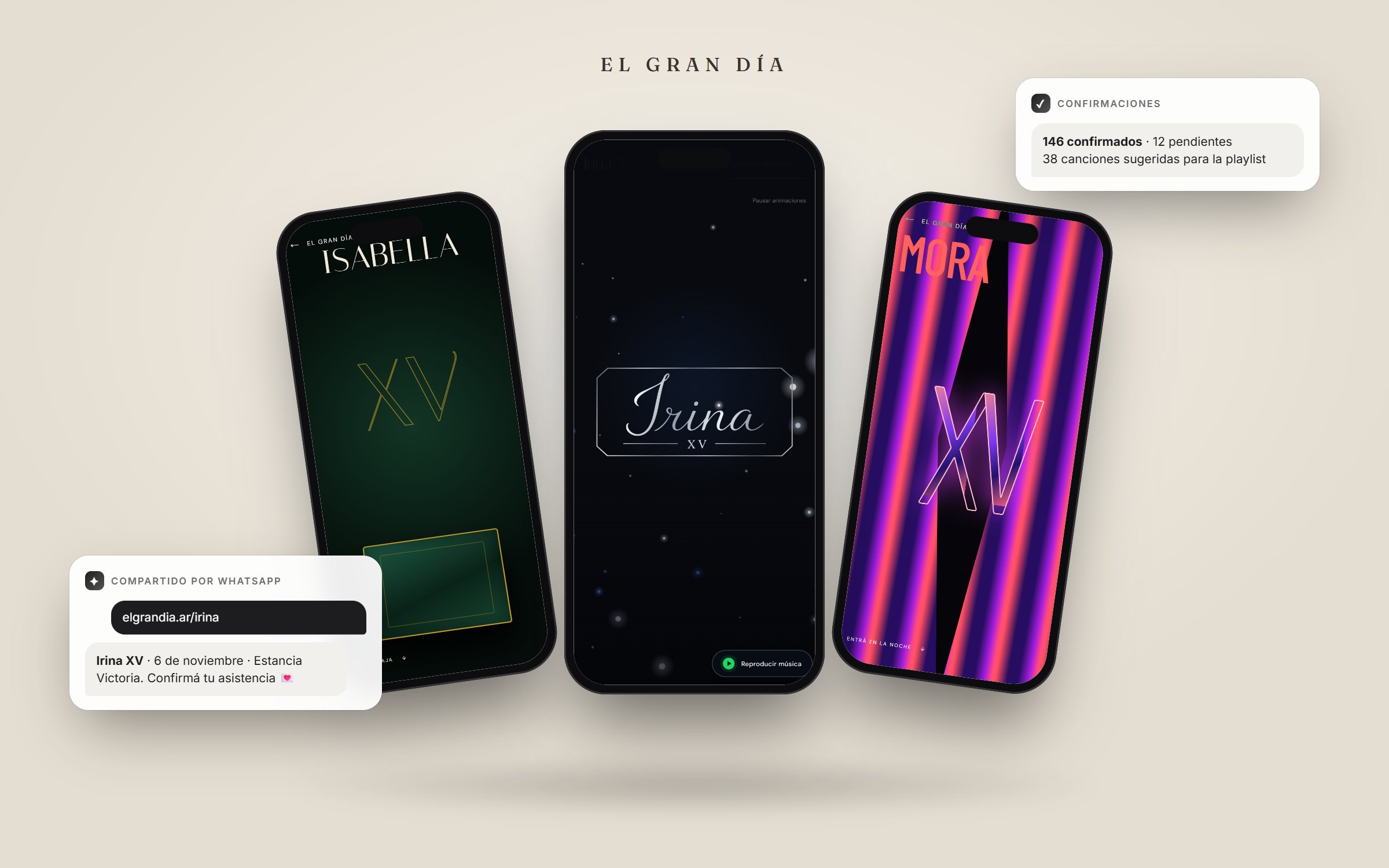 Tres invitaciones de El Gran Día en celulares