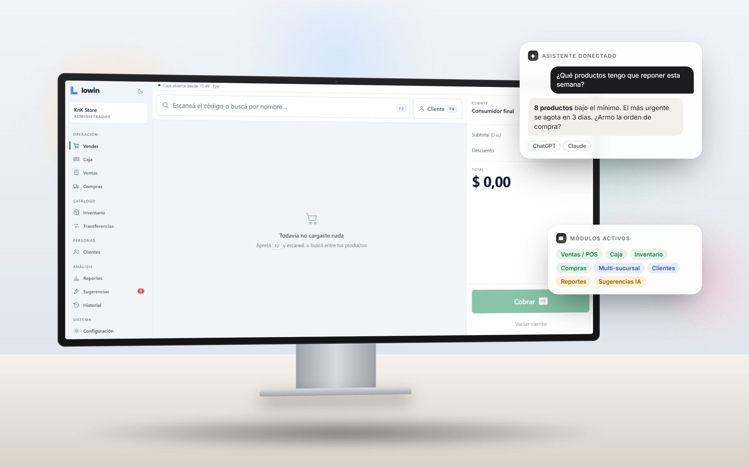 Punto de venta de Lowin ERP en un monitor de mostrador